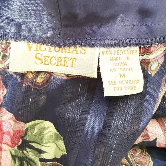 Vintage Victoria’s Secret Floral Paisley Satin Pajama Top M Navy Red Button Up - Picture 8 of 11